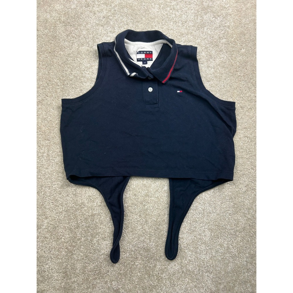 Tommy Jeans Solid Polo M Navy Blue Cropped Tie Sleeveless Preppy Y2K Sporty